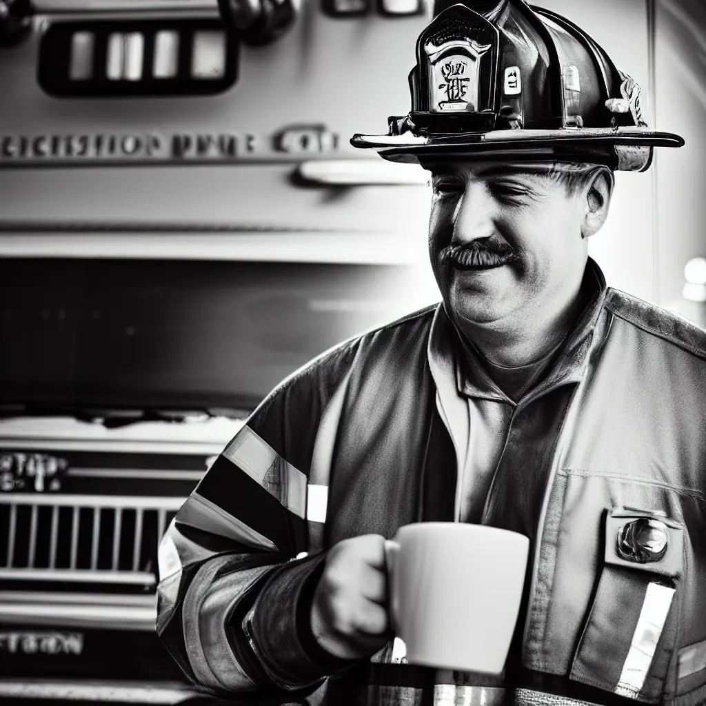 firefighter drinking gourmet coffee